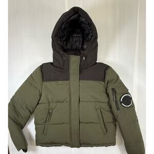 SUPERDRY Everest Short Puffer Bomber Jacket Women's Sz 8 Hood Army Green Black